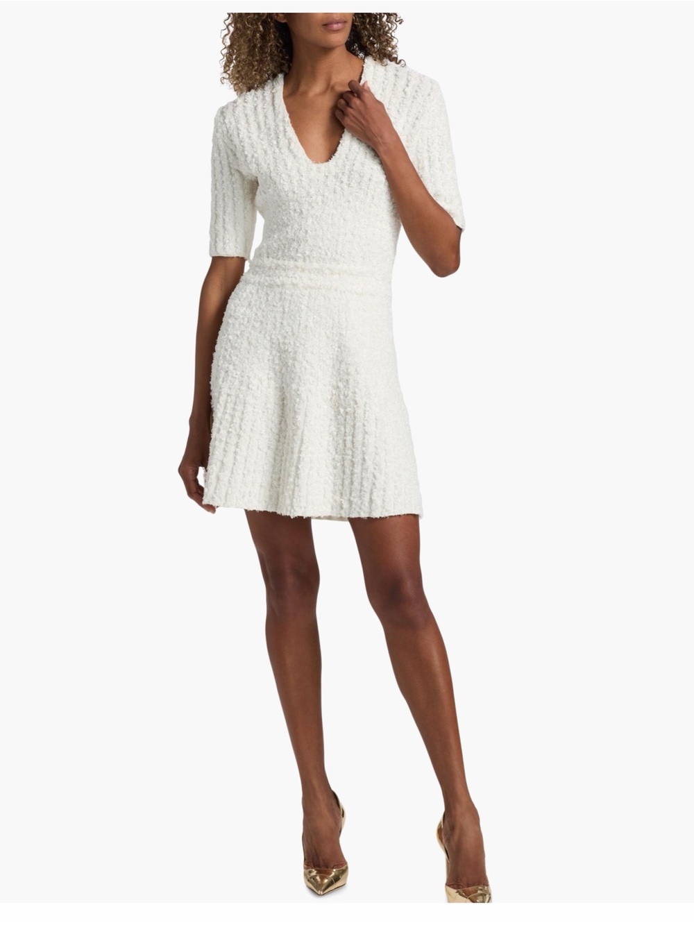 Balmain Cream Textured V-Neck Mini Dress